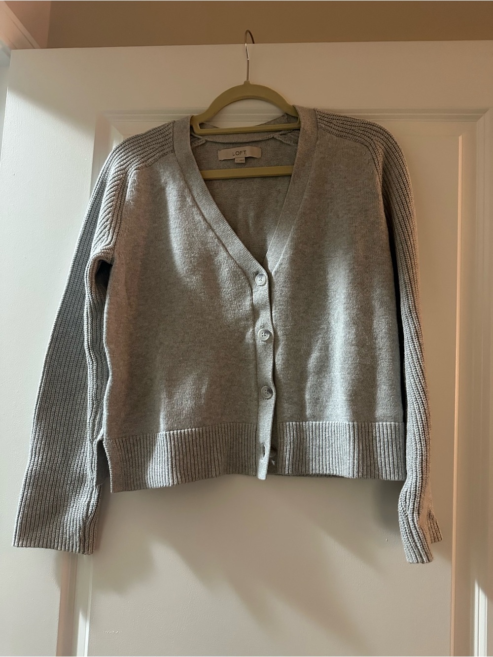 LOFT Light Gray V-Neck Button-Up Cardigan